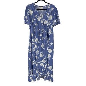 BloomChic Short Sleeve Ruffle Hem Midi Dress Light Blue White Floral Womens 16